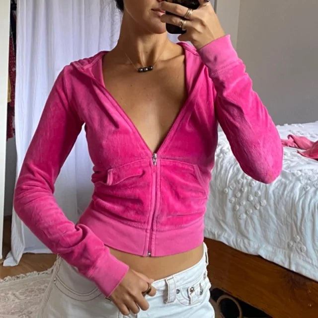 Velvet Zip Up Crop Hoodies